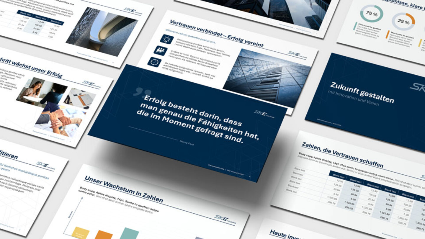 Mehrere Powerpoint-Charts nebeneinander. Nur das in der Mitte ist etwas vom Tisch abgehoben.