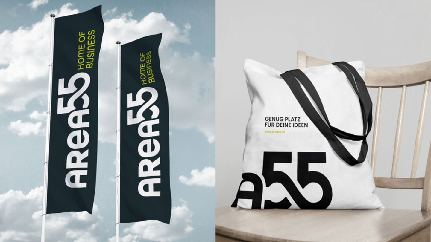 Modernes Branding einer Tragetasche und Fahnen von Area55