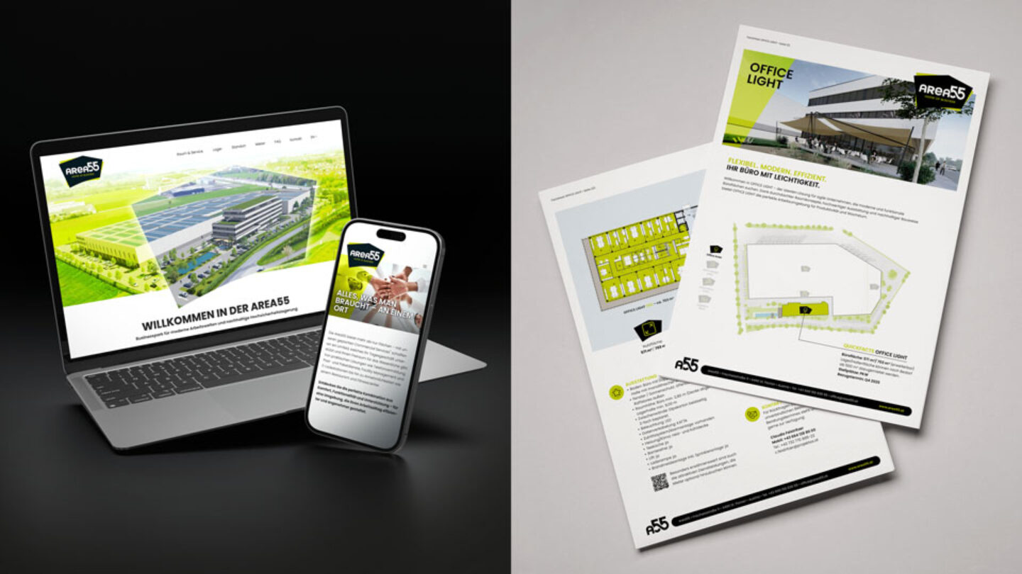Factsheets und Laptop, wo man das Branding eines Businessparks sieht.