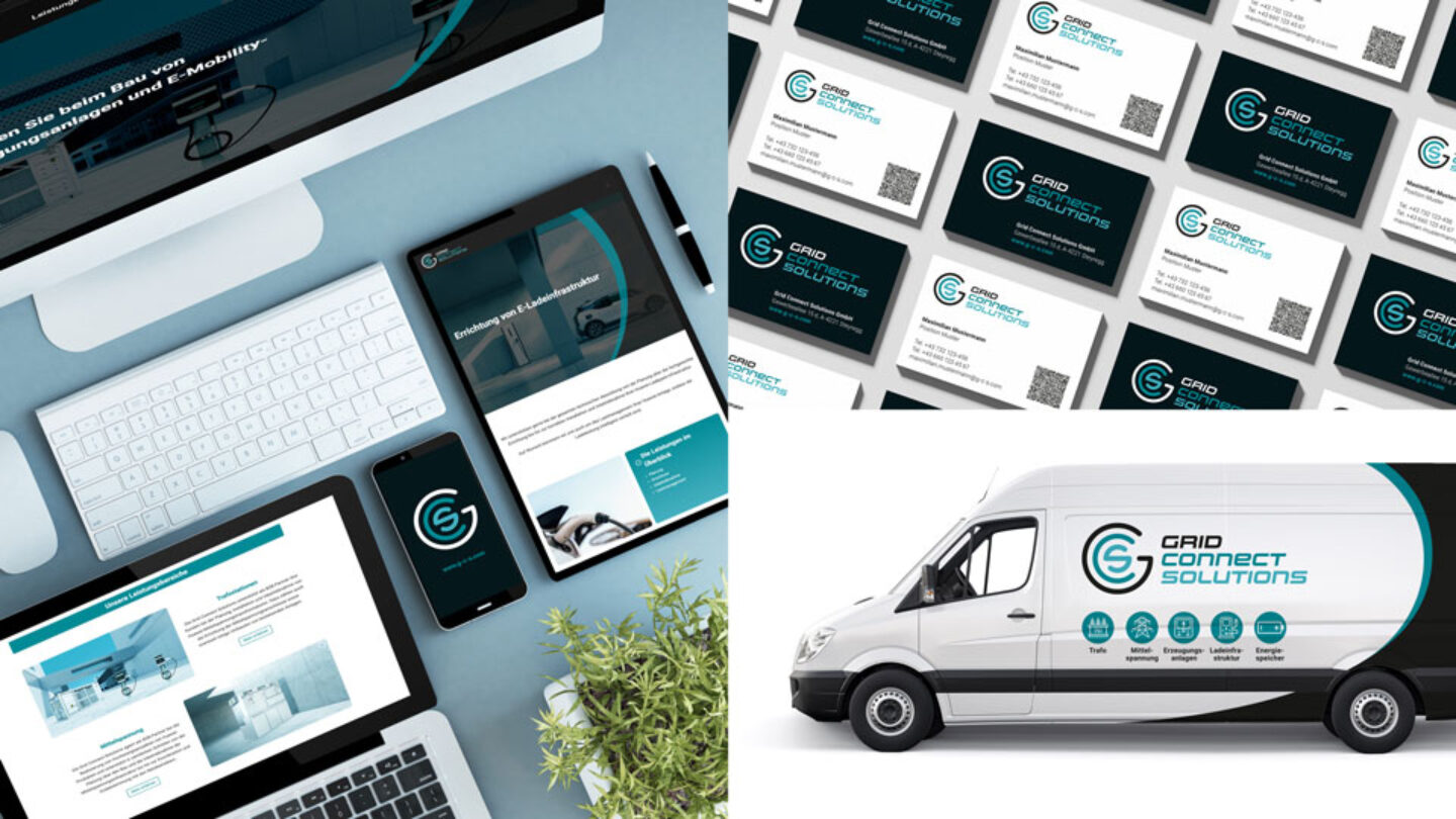 Branding von Visitenkarten, digitalen Medien und einer Autobeklebung.