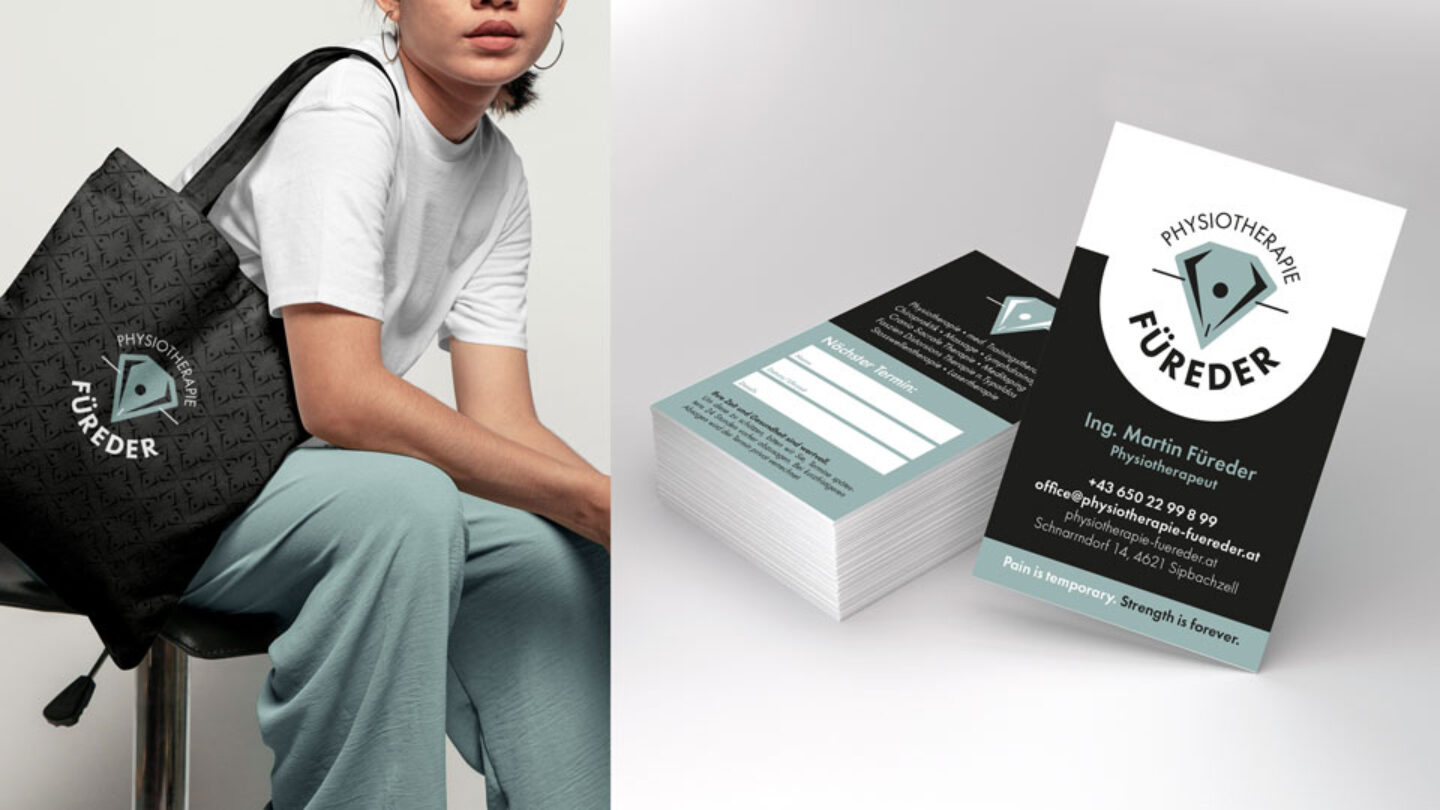 Visitenkarten und modernes Branding einer Tragetasche von Physiotherapie Füreder
