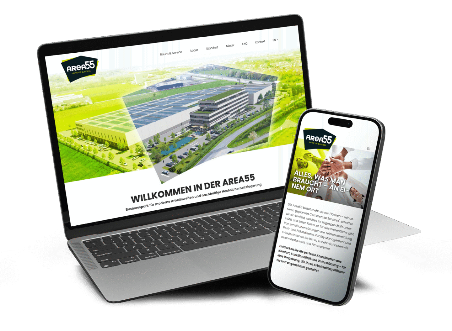 Laptop und Handy mit Landingpage Area55