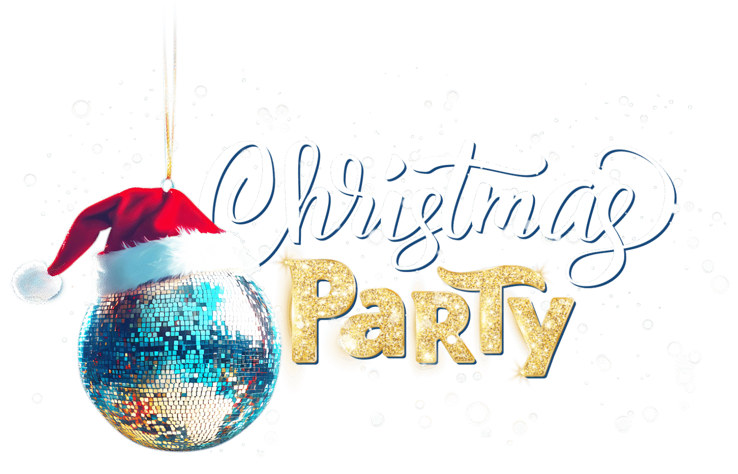 Discokugel mit Weihnachtsmütze neben Schriftzug Christmas Party